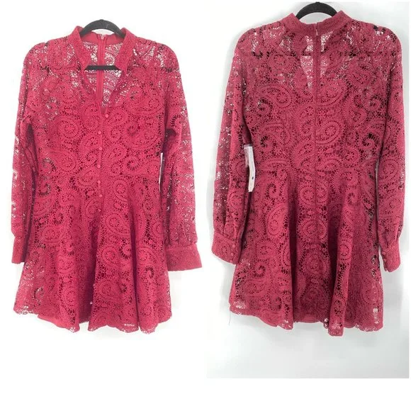 Aqua NWT Lace Button Front Long Sleeve Mock Neck Mini Dress Burgundy Medium New - Picture 2 of 12